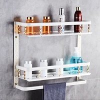 aluminum bathroom hardware corner shelf with towel bar shower gel rack shampoo caddy holder wall mount nail punched basket white