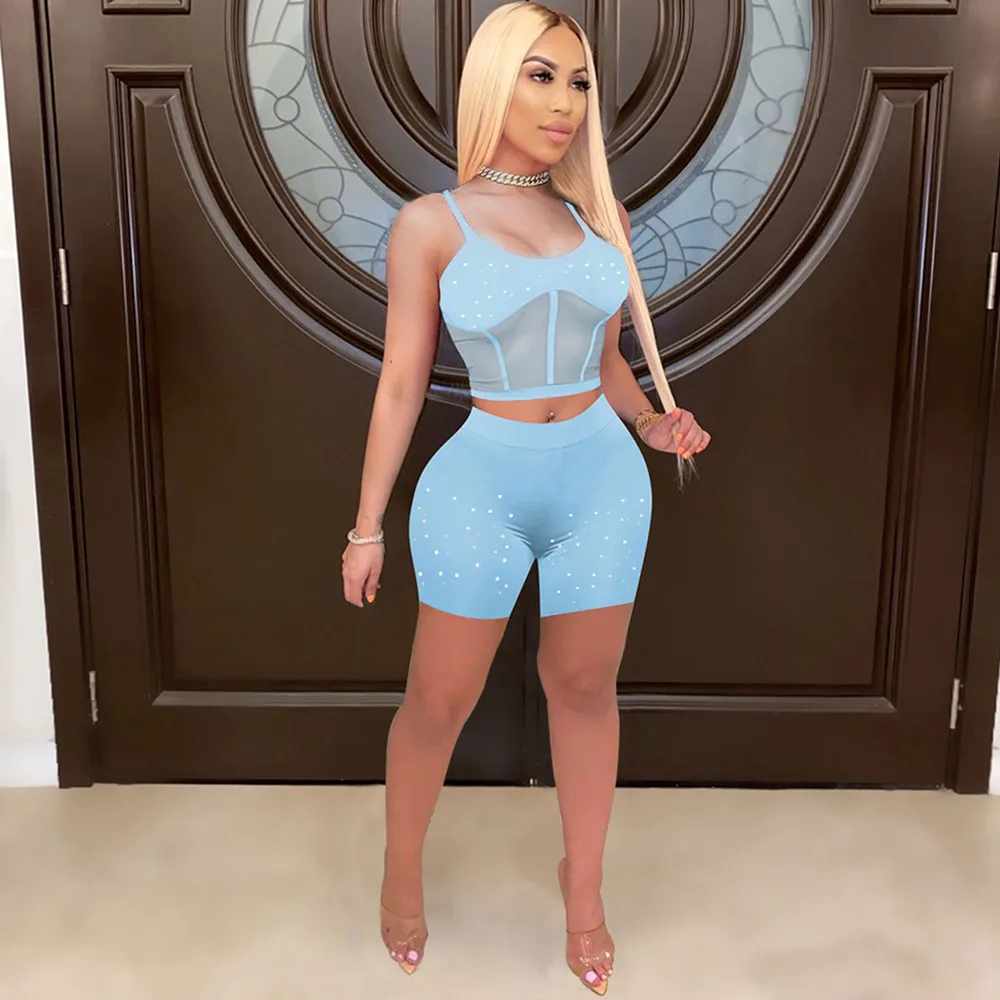 

Светильник голубое платье с оборками и прозрачные стразы бретели Slim Fit Топ + джинсы скинни с завышенной талией шорты для женщин Модный летни...