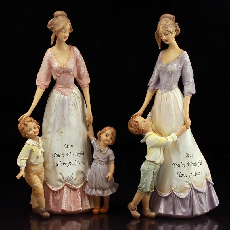 

European Retro Resin Mother Child Statue Ornaments Crafts Home Table Mom Children Figurines Miniatures Decoration Love Gifts Art