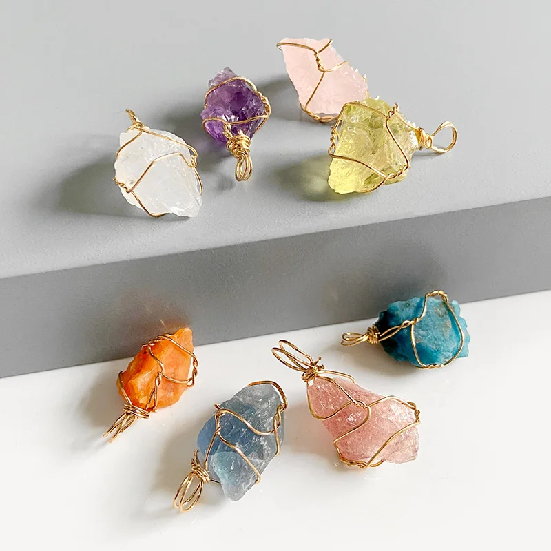 

Natural Rough Stone Copper Wire Winding Pendants Multicolor Quartz Crystal Pendant Charm Jewelry Findings Components
