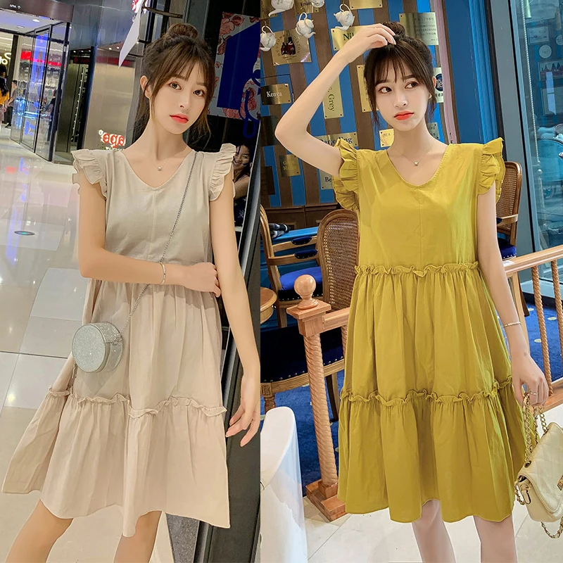 

2021 Pregnant Women Dresses Summer Maternity Blouse Dress Sexy Pure Color Cake Skirt Dress Mum Pregnancy Female Clothing