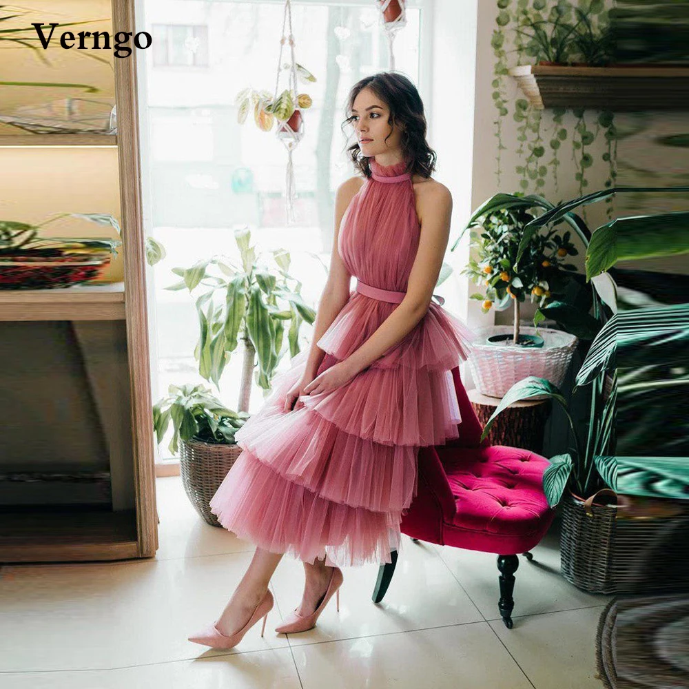 

Verngo Mauve Pink Tulle Prom Dresses Tulle High Collar Neck Tiered Tea Length Wedding Guest Gown Mother And Daughter Party Dress