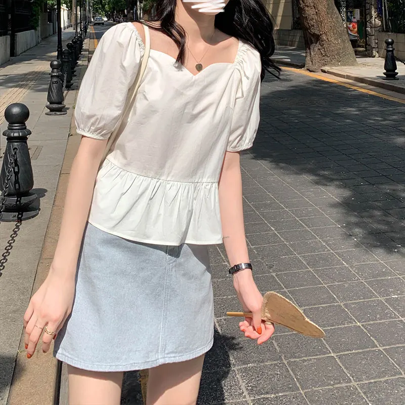 

KUSAHIKI Korea Chic Ruffle Womens Tops Puff Short Sleeve Square Collar Blouses 2021 Sprign Summer New Sweet Blusas Shirt 6F914