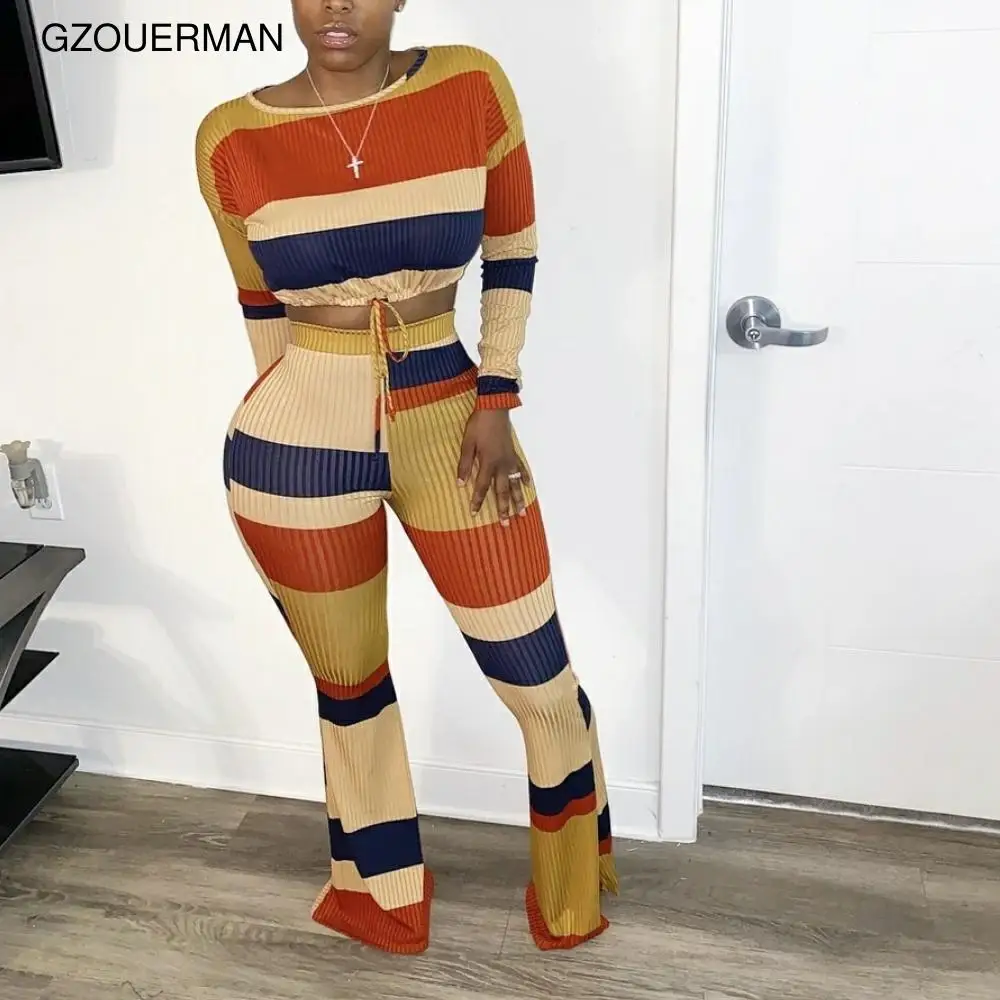 

New Fashion Women Casual Knit Tops Rainbow Stripe Long Sleeve Knitwear Tops + Pants Suit Pants Set Two Piece Set