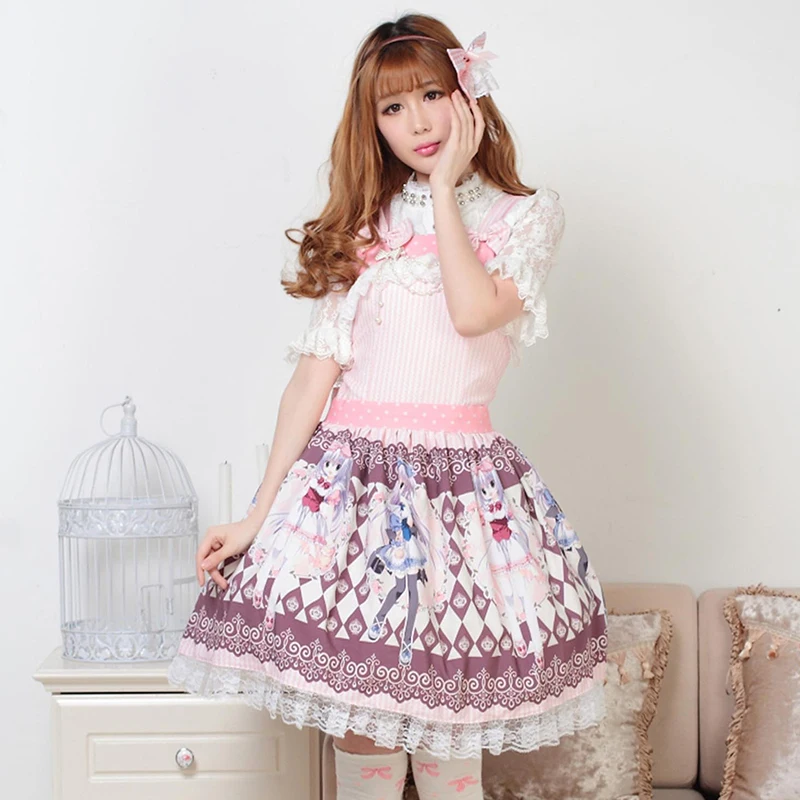 

Princess sweet lolita dress Pink rose girl belt Princess lolita dress with bow tie and lace printed dress women GZWY167