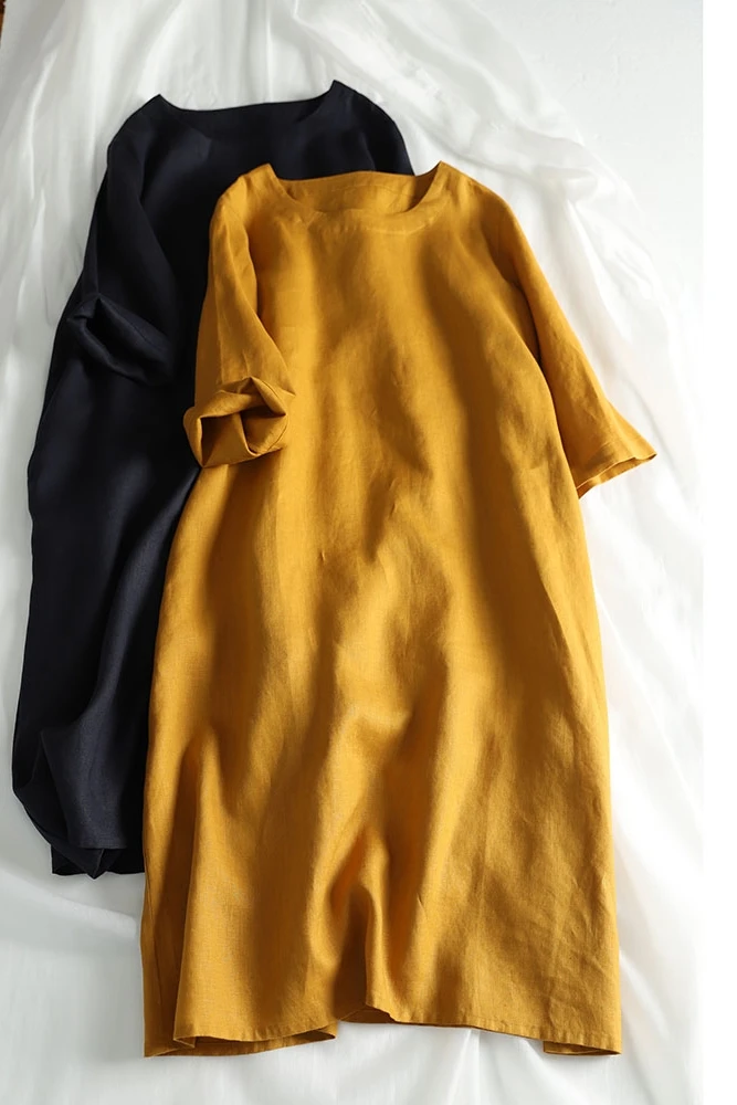 Однотонное льняное платье свободного кроя и облегающее из хлопка льна с 5