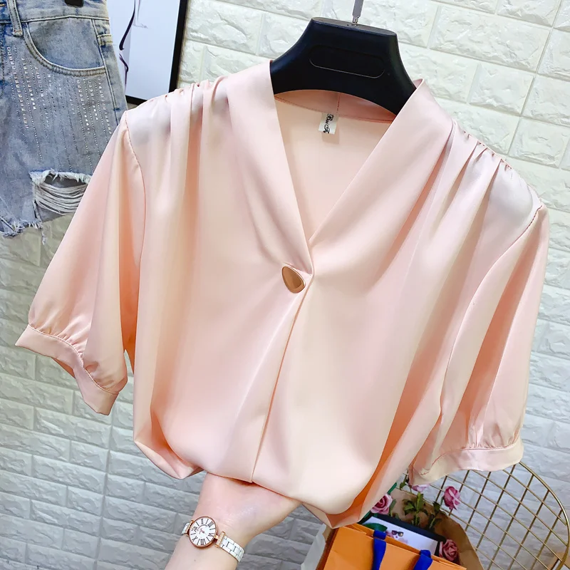 Large Button V-neck Pullover Chiffon Shirt Female Ol Professional Loose Satin Pullover Blouse Womens Summer Top Blusa