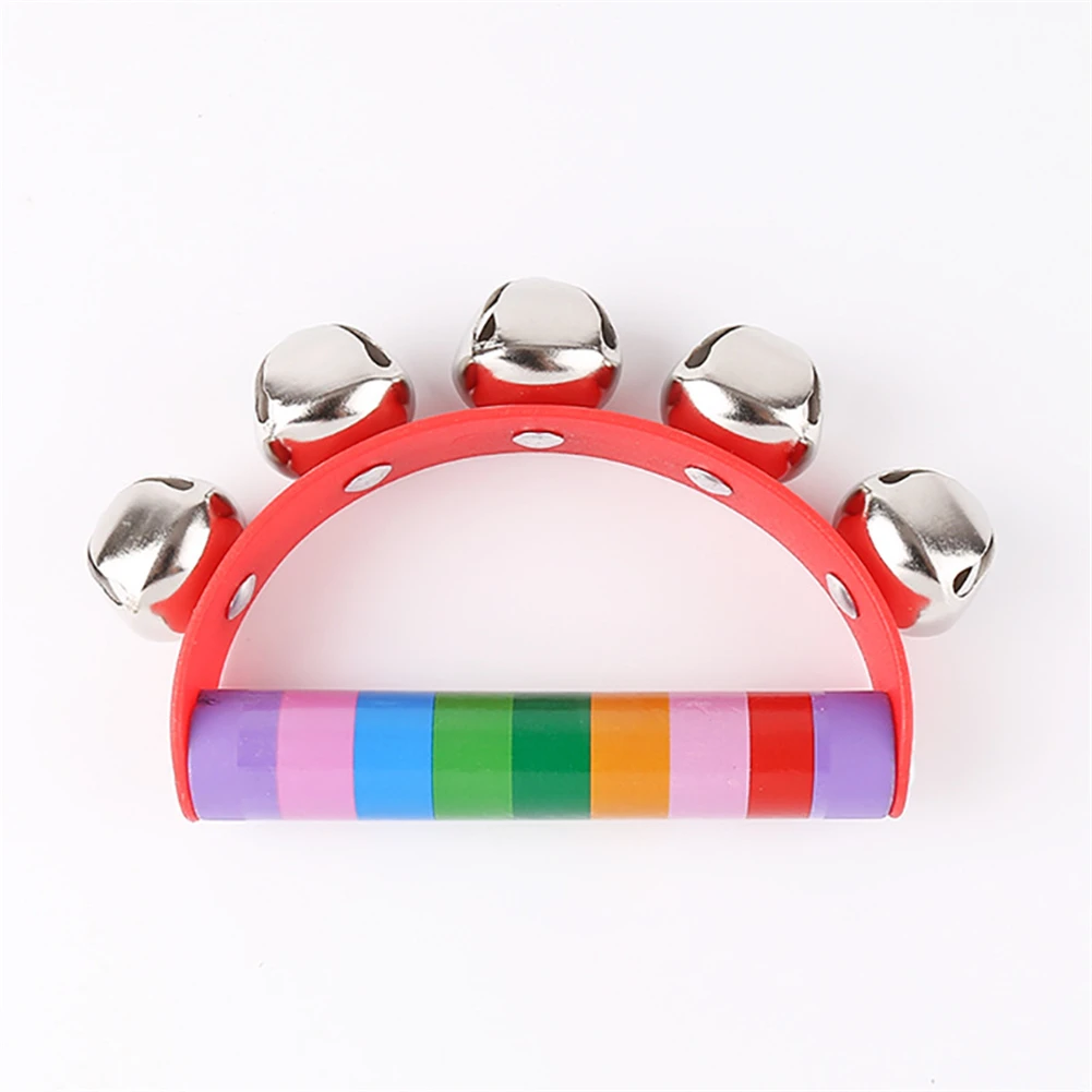 

Colorful Wooden Rattle 5 Jingle Stick Sleigh Bells Rainbow Handbell Percussion Kids Toys Cartoon Baby Rattle Pram Crib Handle