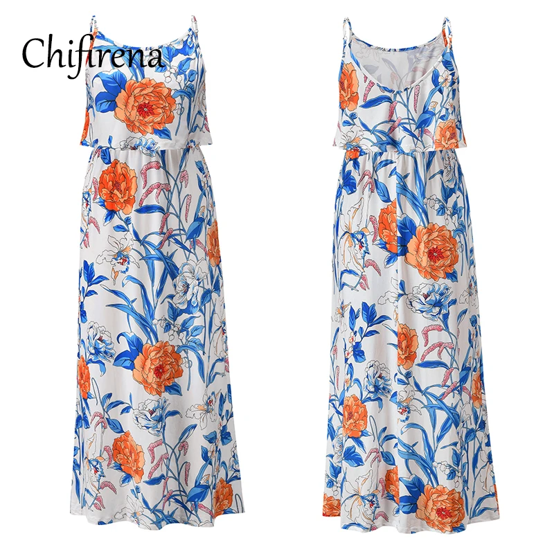 

Chifirena Summer Floral Print Maxi Dress Women Spaghetti Strap Long Dresses Beach Boho Sundress Elegant Party Sexy White Vestido
