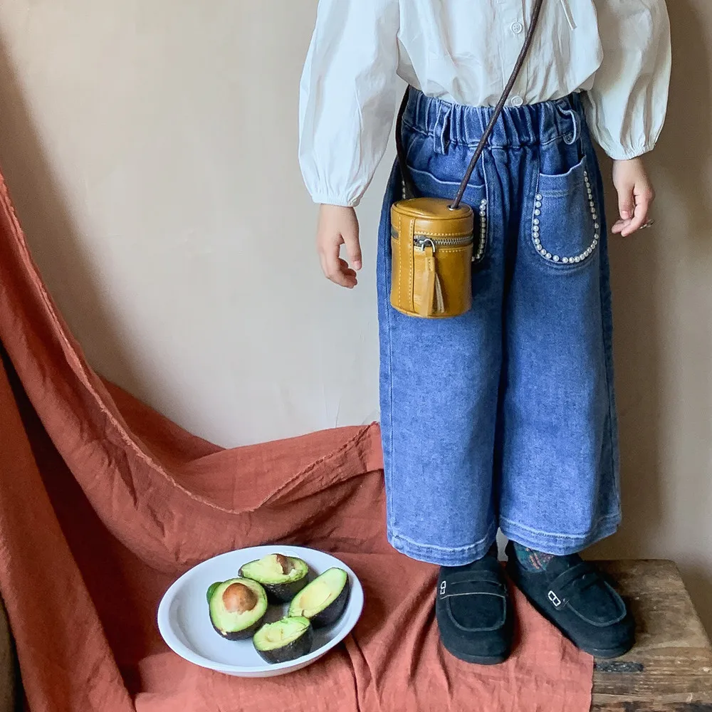

Jeans Pants Ankle Length Elastic Waist Loose Solid Cotton New Fashion Comfortable Cute Simple Spring Auutmn Children Girls