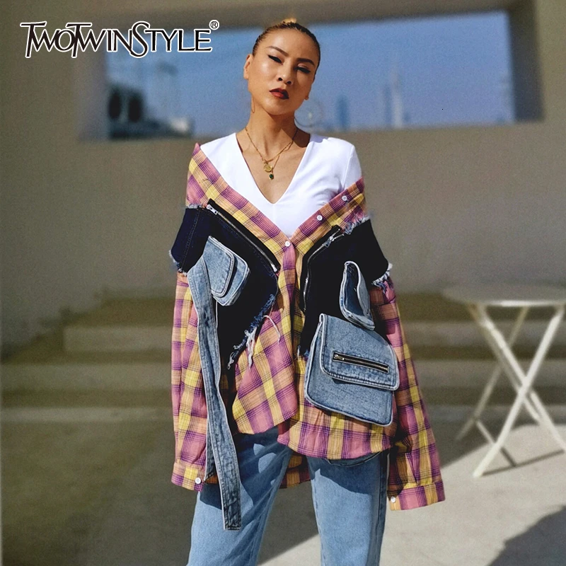 Женский комплект из двух предметов TWOTWINSTYLE Клетчатая блузка с длинным рукавом и