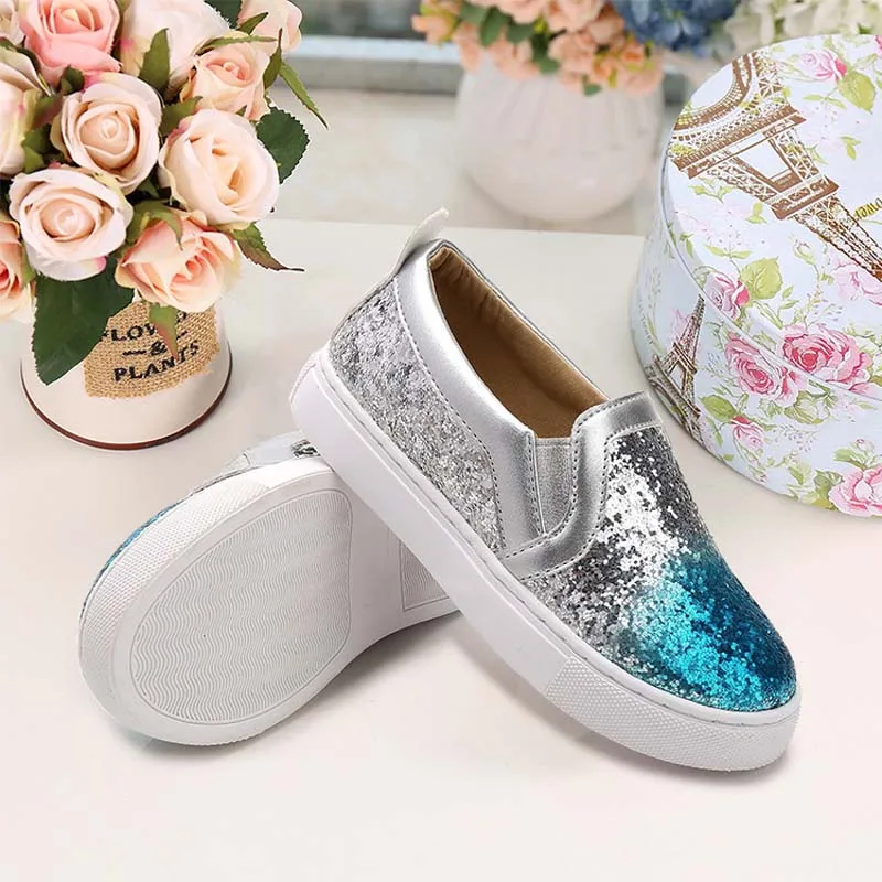 Лоферы без шнуровки с блестками Детские повседневные кроссовки из искусственной
