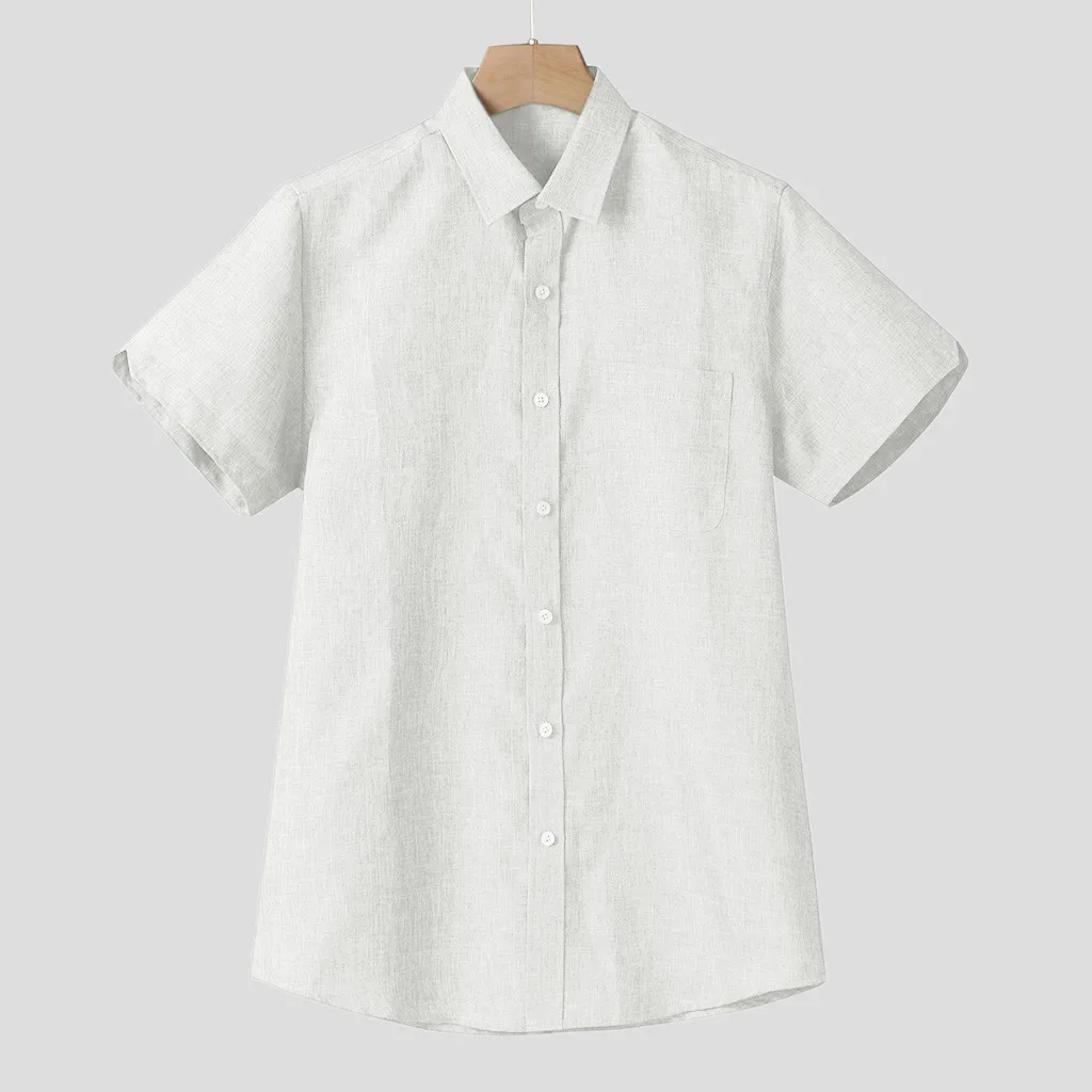 Мужская льняная рубашка повседневная однотонная белая приталенная с короткими