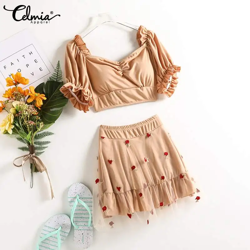 

Summer 2021 Fashion 2pc Swimsuits Celmia Women Pleated Ruffled Beachwear Swimwear Sweet Embroidered Mesh Patchwork Swimwears