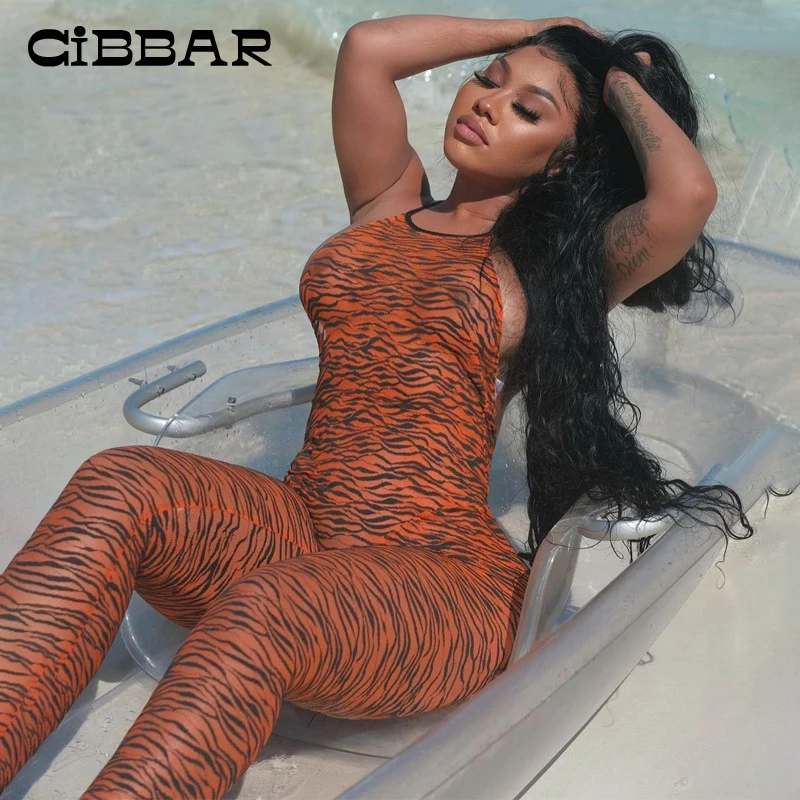 

CIBBAR Leopard Print Halter Jumpsuit Women Sexy Mesh Backless Slim Clubwear One Piece Casual Hispter Sleeveless Female Clothing