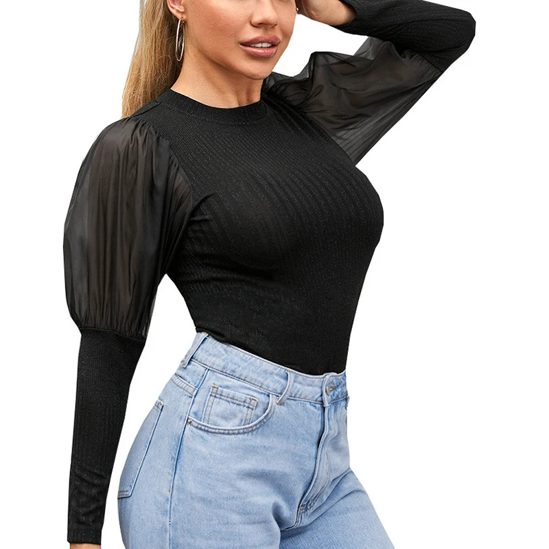 

VIIANLES Mesh Lace Sexy T Shirt WomenSee Through Transparent Long Sleeve Sheer Slim Ladies Tops Clubwear Black Plus Size Tshirt
