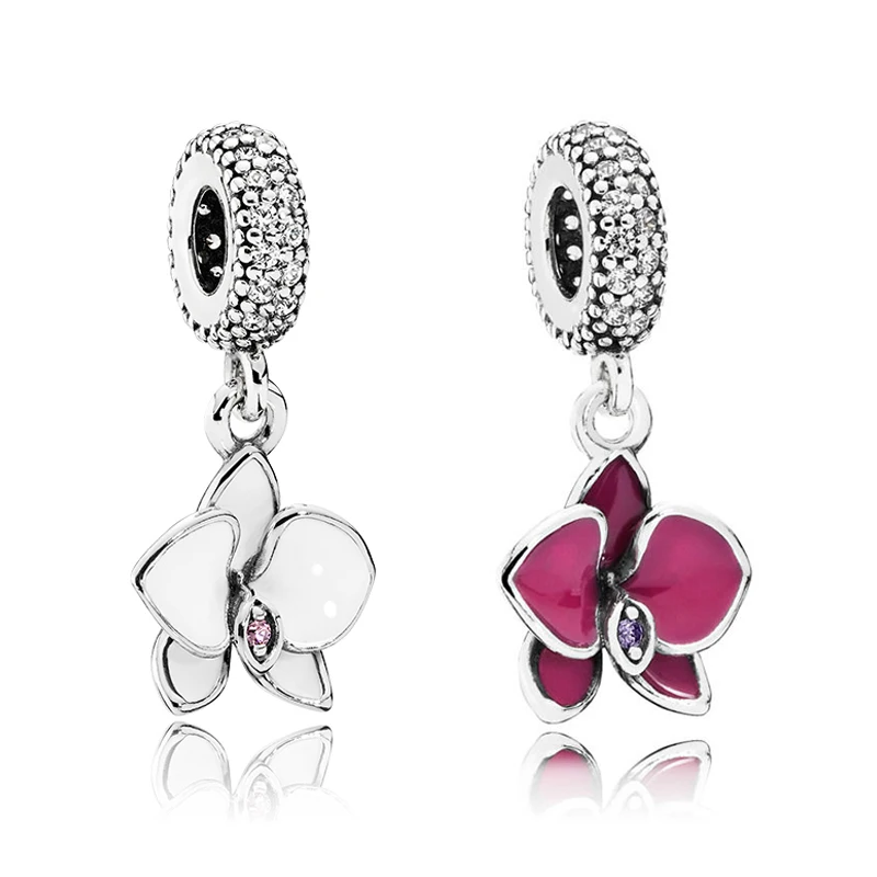 Аутентичные 925 стерлингового серебра бисера Красные Белые Орхидеи Кулон Шарм Fit