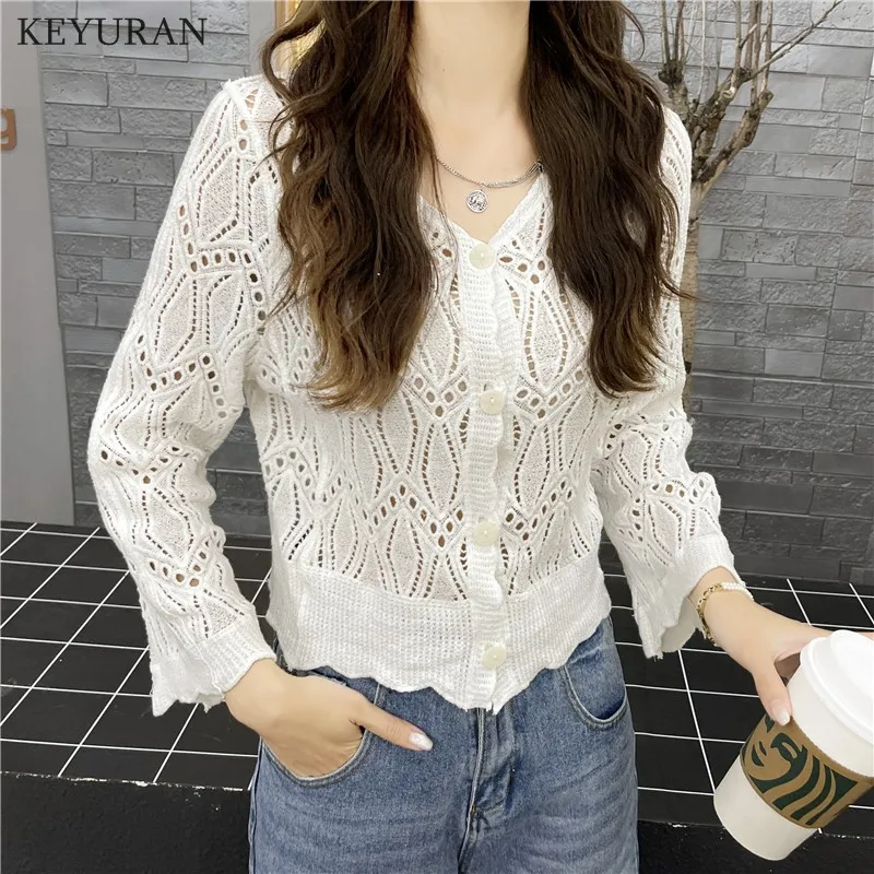 

Ажурный вязаный кардиган, свитер, женская мода, укороченный топ на шнуровке с длинным Расклешенным рукавом, свободная однобортная женская б...