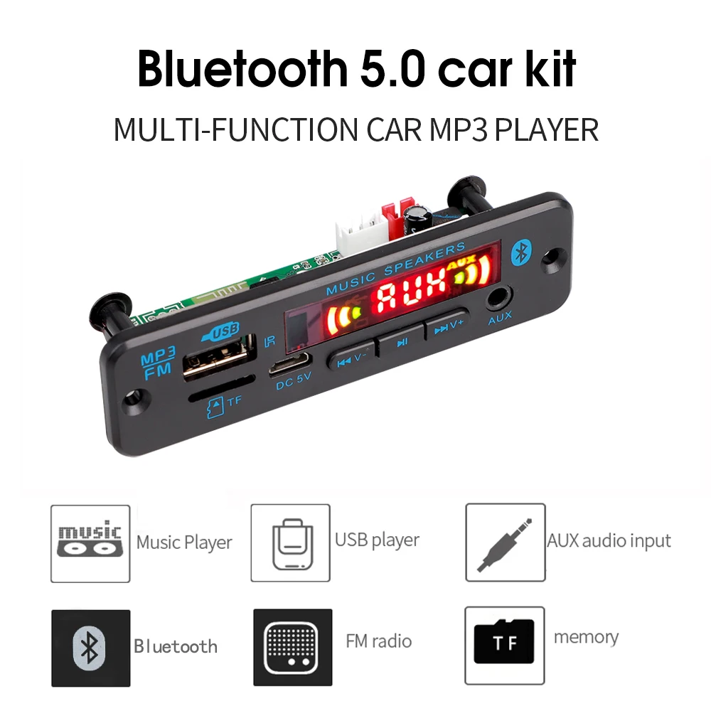 

Плата mp3-декодера с поддержкой Bluetooth 5,0, FM-радио, TF-карты, USB, AUX, аудио, 5 В, 12 В