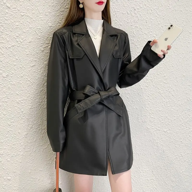 2022 Casual Genuine Sheep Leather Jacket New Lace-up Waist Mid-length Navy Collar Jacket H9