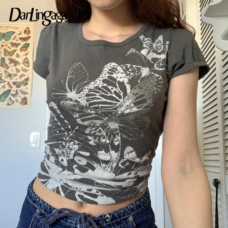 

Darlingaga Y2K Grunge Fairycore Butterfly Print Summer Women's T-shirts Retro Cute Graphic Tee Aesthetic Cute Crop Tops Harajuku