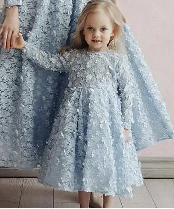 Daughter Dress Арабское голубое кружевное вечернее платье с длинными рукавами и цветочным рисунком для мамы и дочки, вечерние платья для выпускного вечера, семейные вечерние платья средней длины - Цвет: Daughter Dress