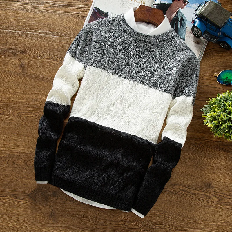 

Mens Casual Pacthwork Color Sweater O Neck Long Sleeve Pullover Knitted Sweater Winter Spring Males Crew Neck 3 Color