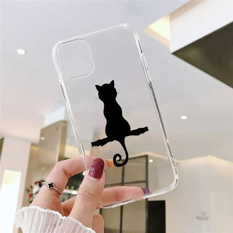 

Black cute funny Cat Cartoon Phone Case Transparent soft For iphone 5 5s 5c se 6 6s 7 8 11 12 plus mini x xs xr pro max