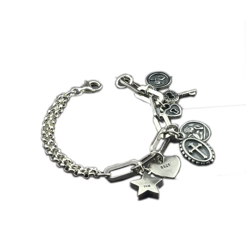 

Leouerry S925 Silver Bracelets for Women Vintage Cross Key Lock Angel Medal Five-pointed Star Heart Pendant Crude Chain Bracelet