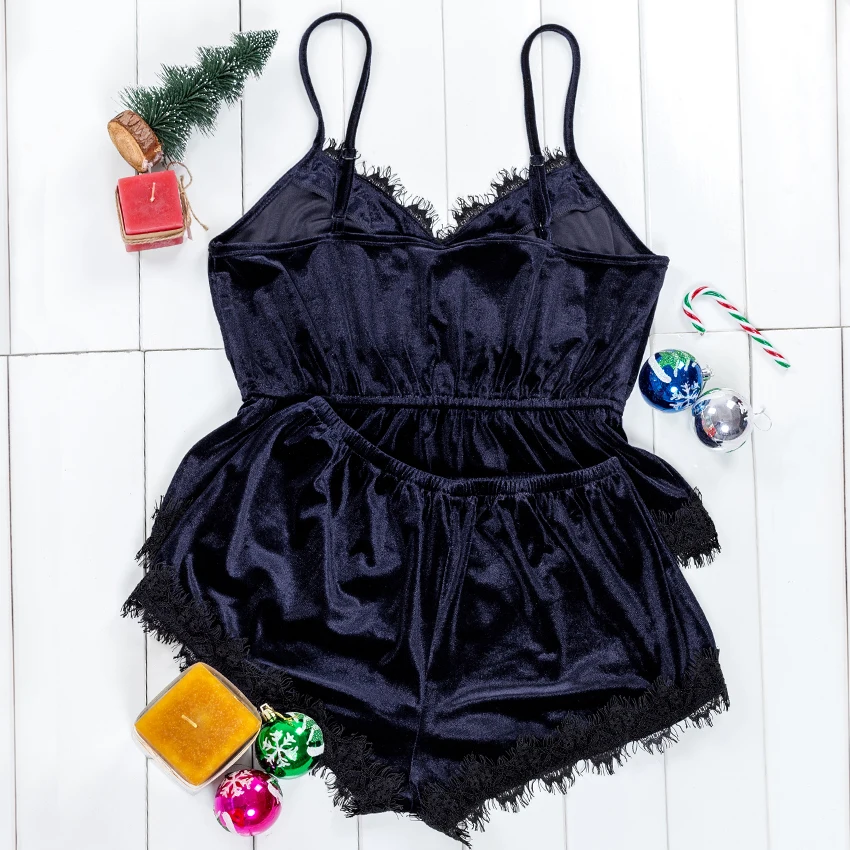 Женский бархатный пижамный комплект Suphis темно-синяя Пижама без рукавов с