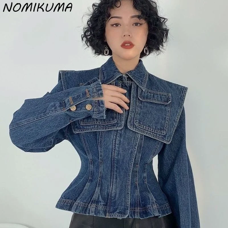 Корейская модная короткая джинсовая куртка Nomikuma с тонкой талией элегантная