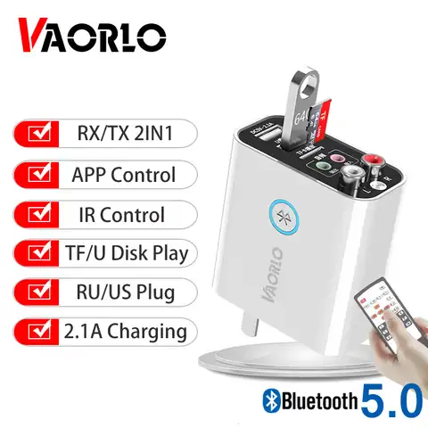 Беспроводной адаптер VAORLO для ЕС, США, Bluetooth 5,0, приемник, передатчик, воспроизведение TF/U дисков, QC2.0, зарядка для наушников, ТВ, ИК, управление ч...