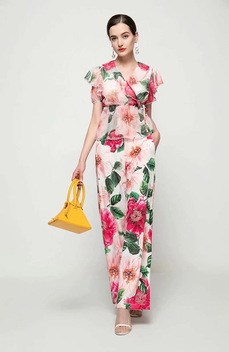 

New 2021 Fashion Runway Summer Elegant Set Women V-neck Flower Print Blouseï¼‹Wide Leg Pants Fashion Two Piece Suit