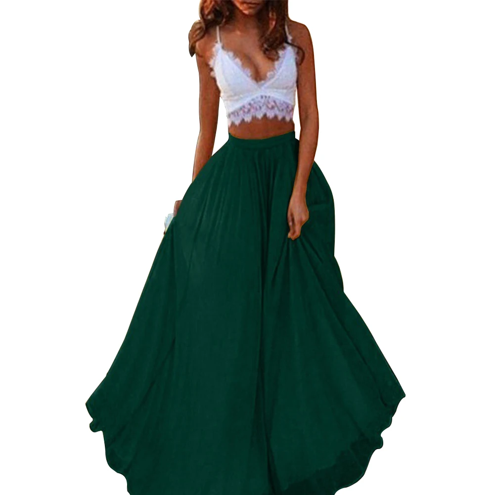 Dark Green Вечерние летние длинные свободные модные шифоновые Повседневные однотонные сексуальные женские юбки с высокой талией макси для путешествий - Цвет: Dark Green