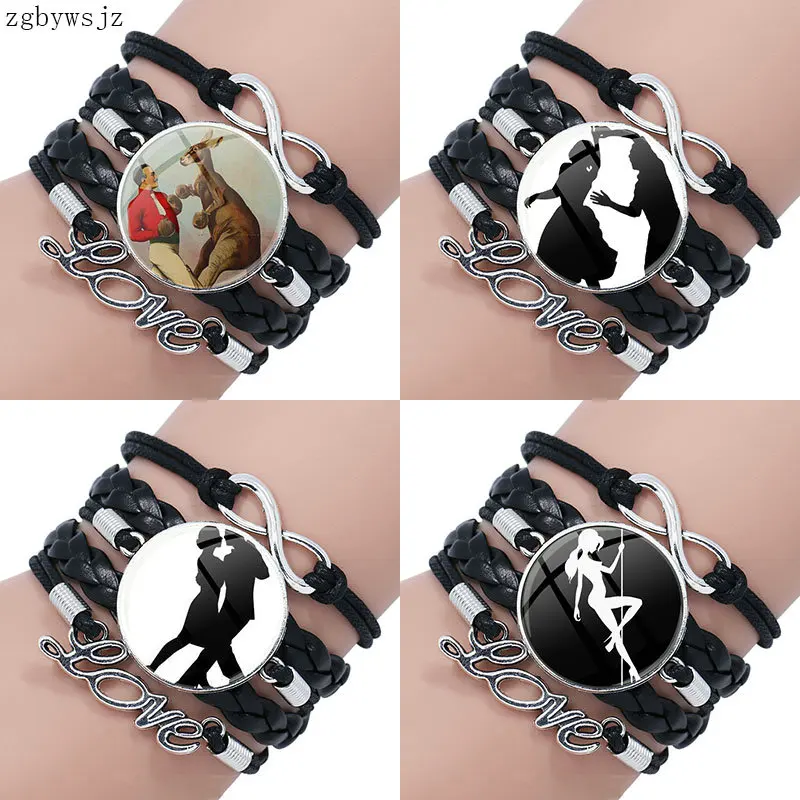 Женский многослойный браслет со стеклянной оправой черный кожаный для стриптиза