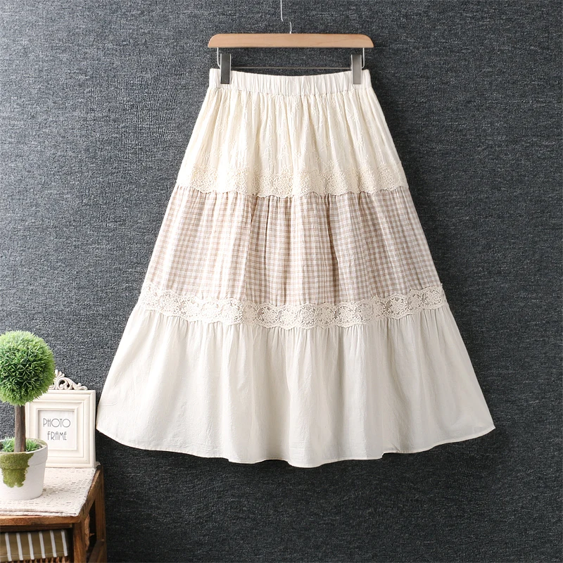 

Summer new elastic waist embroidery flower spliced plaid skirt women casual wear