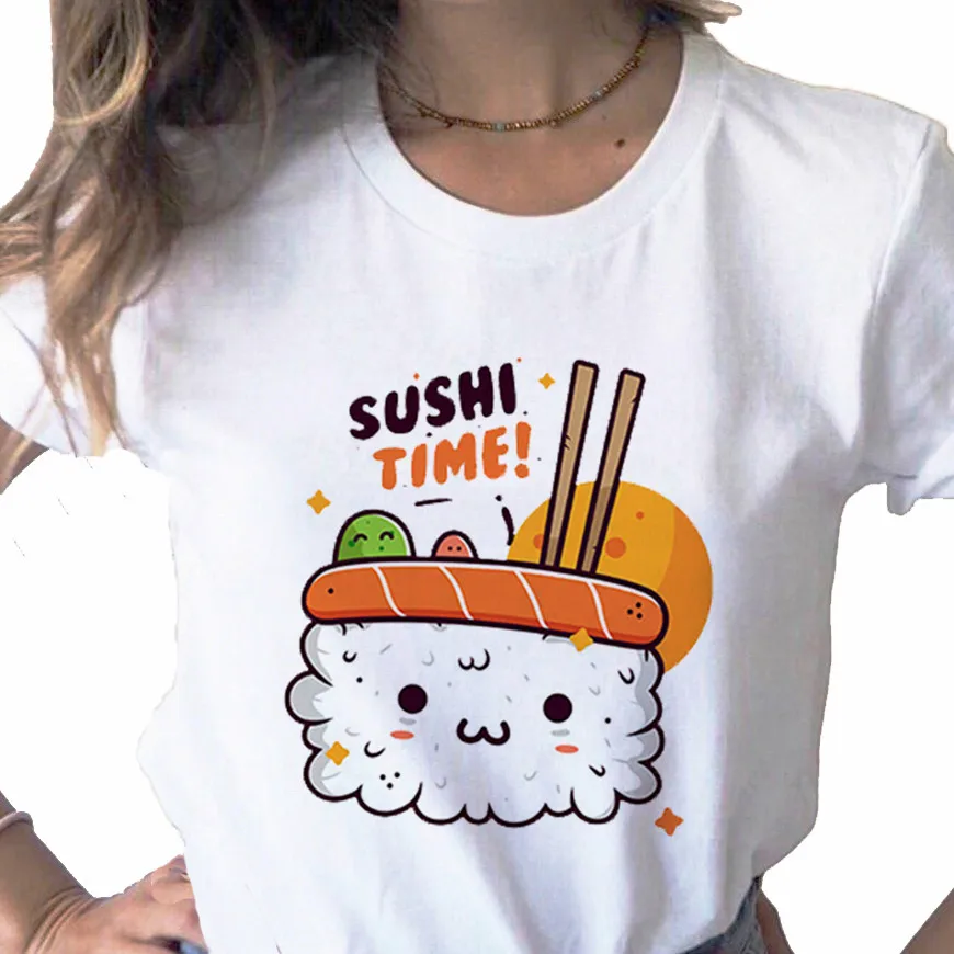 

Summer 2021 New Lovely Sushi print ladies T-shirt ladies casual basis O-collar white shirt short sleeve ladies T-shirt,Drop Ship