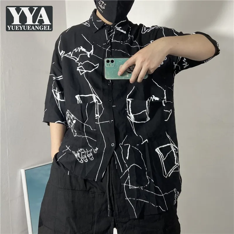 

Рубашка мужская с рукавом до локтя, Льняная блуза в готическом стиле, асимметричная сорочка в стиле Харадзюку, повседневный топ свободного ...