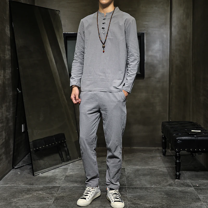 (Рубашка + брюки) 2021 весенние мужские рубашки хлопковые и льняные для мужчин