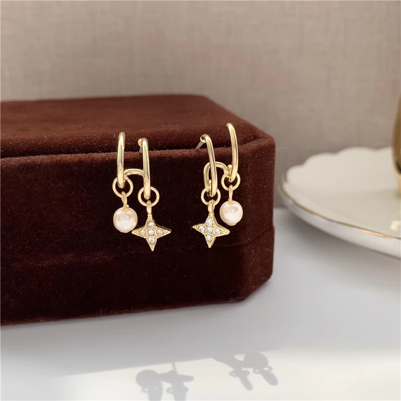 

Metal Star Pearl Tassel Earrings Retro Fashion Simple Sweet Temperament Stud Earrings Girl Women Jewelry Party Gift Accessories