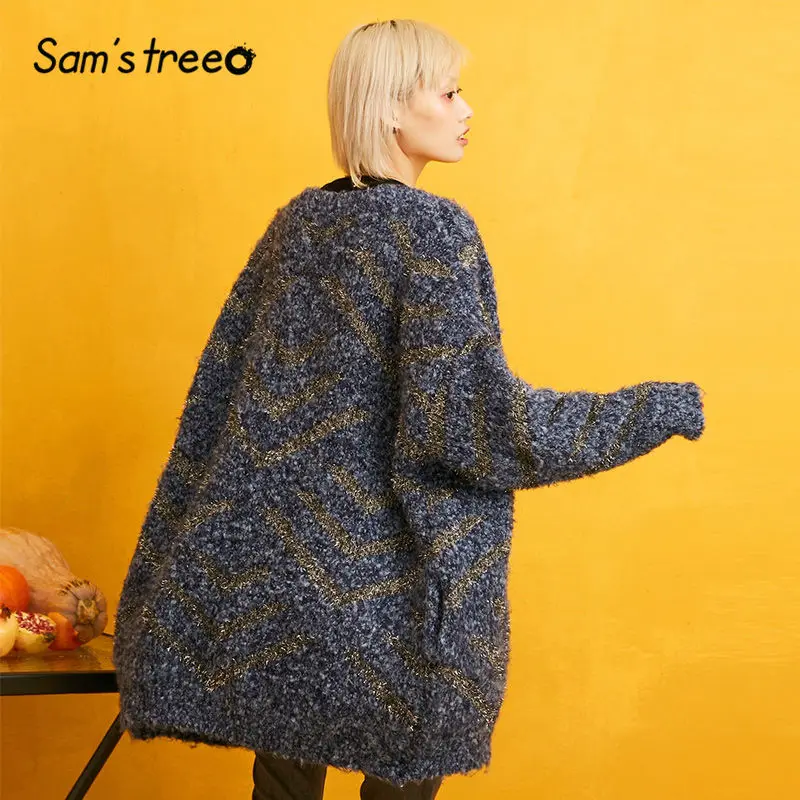 SAM'S TREE синий лоскутный Золотой Шелковый женский свитер кардиган зима широкий рукав трикотажные повседневные женские свитера