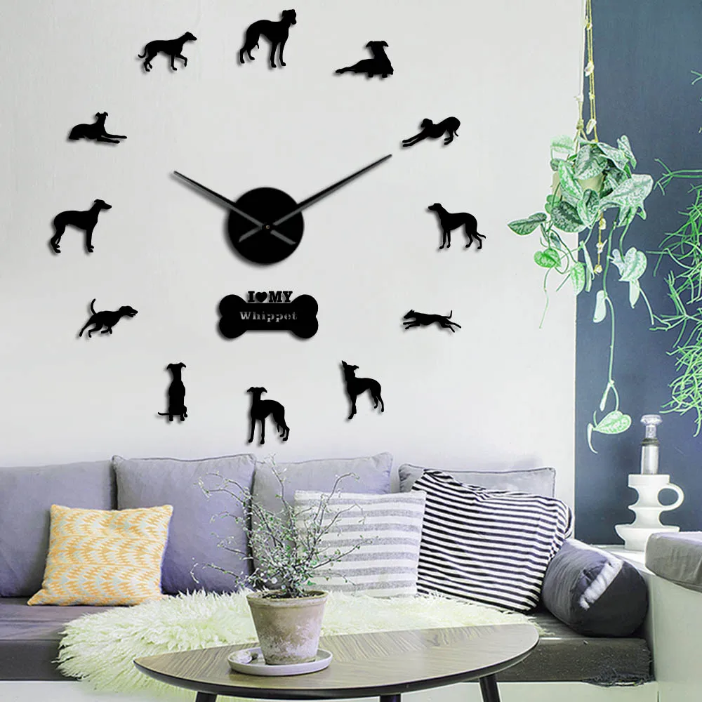

Oversized Whippet Dog 3D Acrylic DIY Wall Clock Animal Mirror Effect Wall Stickers Clock Quartz Watch