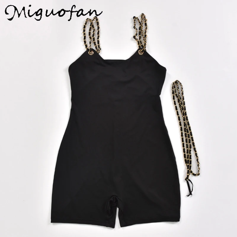 

Miguofan Metal Chain Patchwork Rompers Playsuits Women Elastic Sexy Party Club Summer Streetwear Jumpsuits Romper Female 2021
