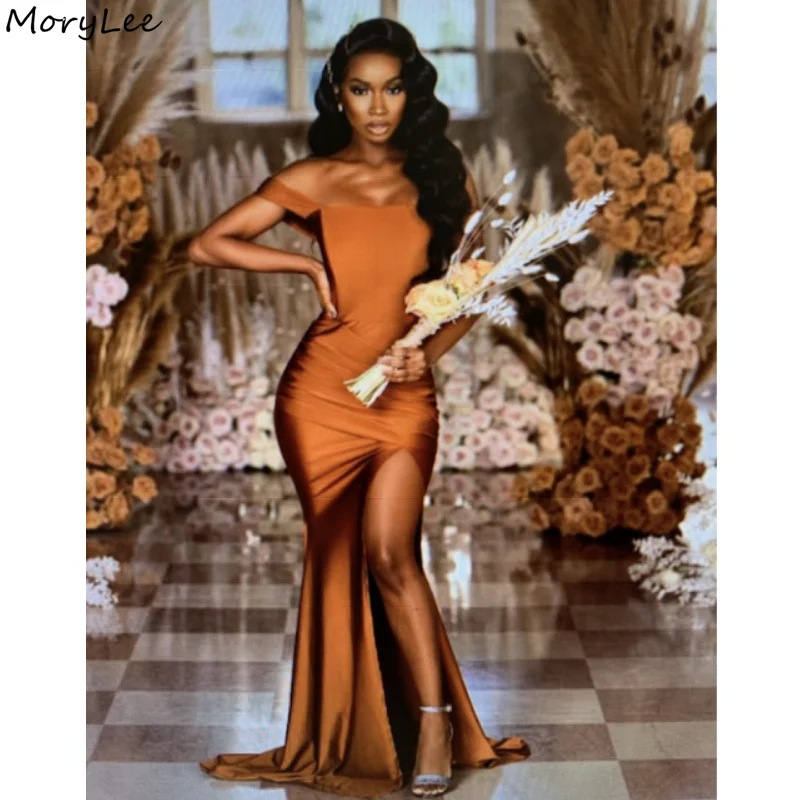 

Платье подружки невесты с глубоким круглым вырезом, Шелковый Атласный наряд с юбкой годе, со шлейфом, для свадебной вечеринки, на молнии сзади