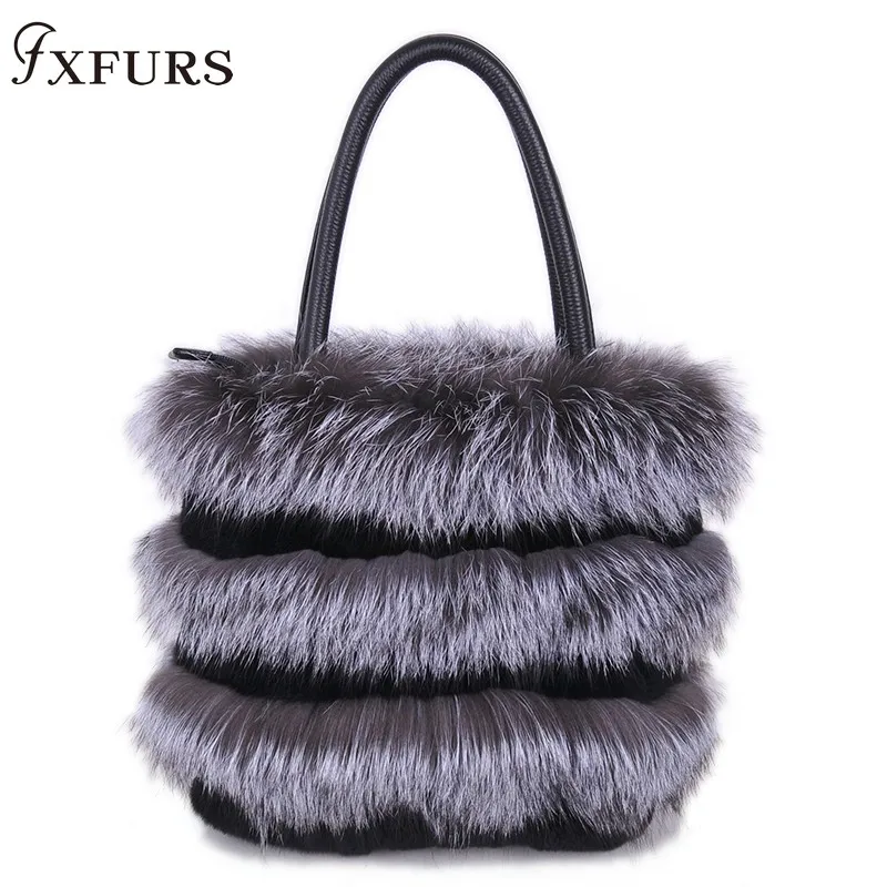 Real Fox Fur Hair Hand Bag Famous Brand Designer Women Tote Bag Natural Genuine Leather Ladies Handbag Picotin Lock Bucket Bag