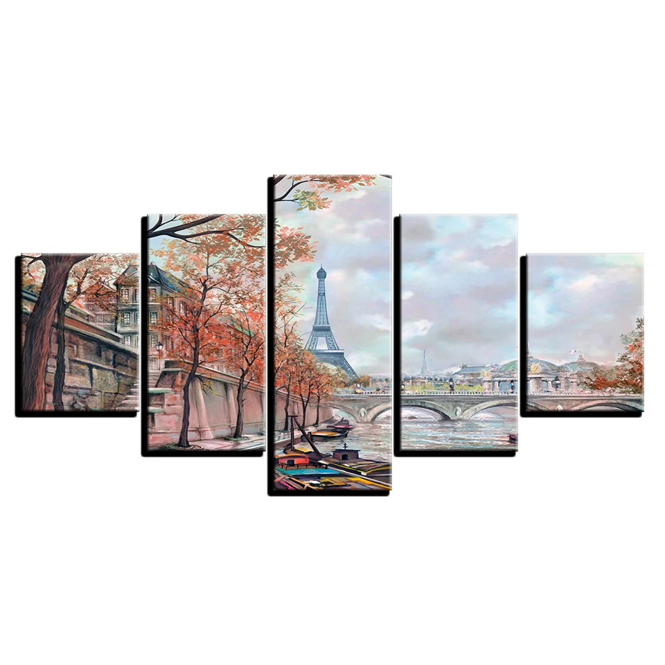 

Decor BedRoom Wall Printed Oil Landscape Framework 5 Pieces Paris Tower Bridge Paintings Pictures Canvas Poster Modern