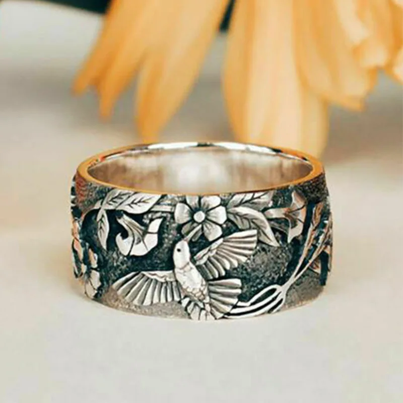

Antique Womens Silver Color Birds Ring Women Party Anniversary Gifts Wedding Band Rings Female Party Engagement Jewelry