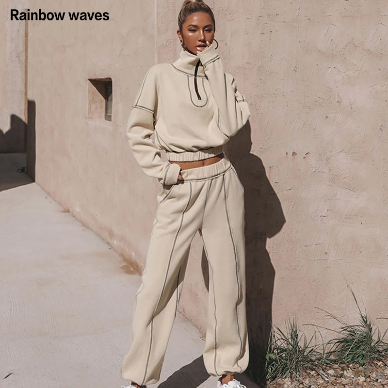 

Женский спортивный костюм Rainbowwaves, повседневные однотонные спортивные толстовки и длинные брюки, комплект из двух предметов, модная уличная...