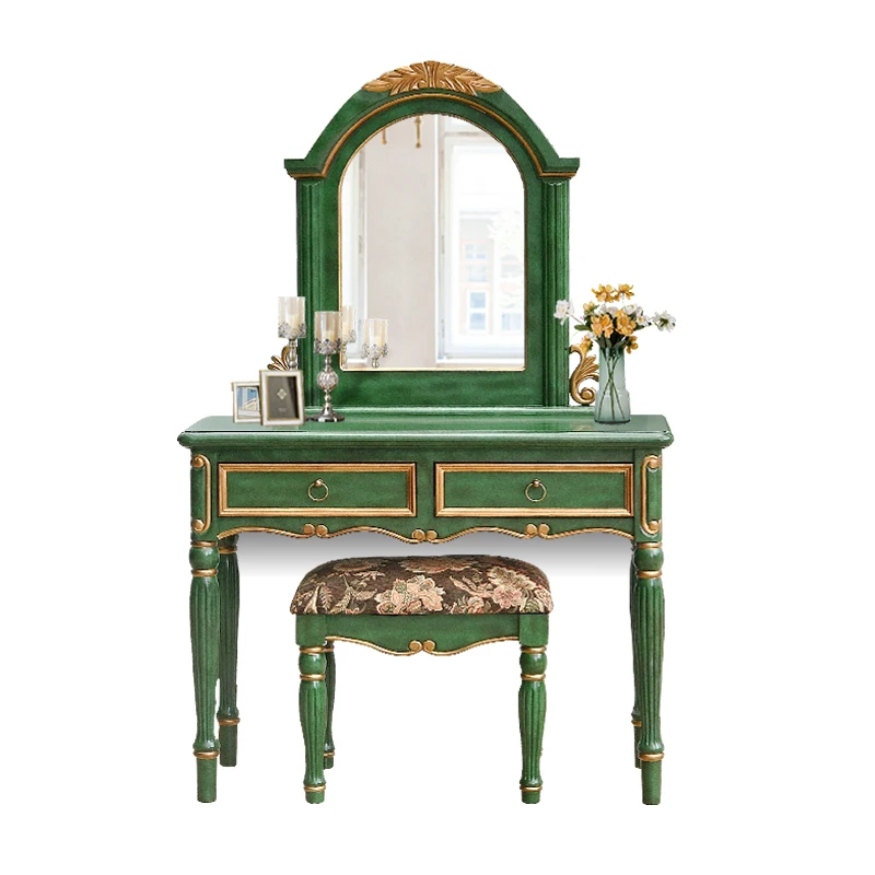 

TT European Style Dressing Table Solid Wood Simplicity Luxury American Country Makeup Desks and Chairs Retro Emerald with Mirror