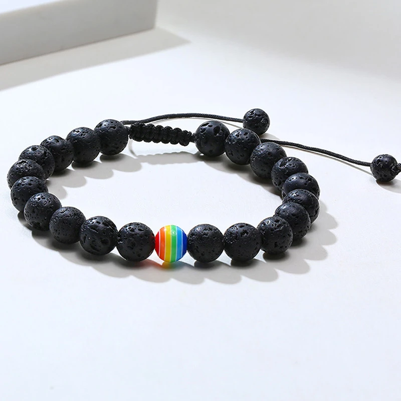 Браслет из лавового камня с бусинами минималистичный Черный Плетеный веревочный